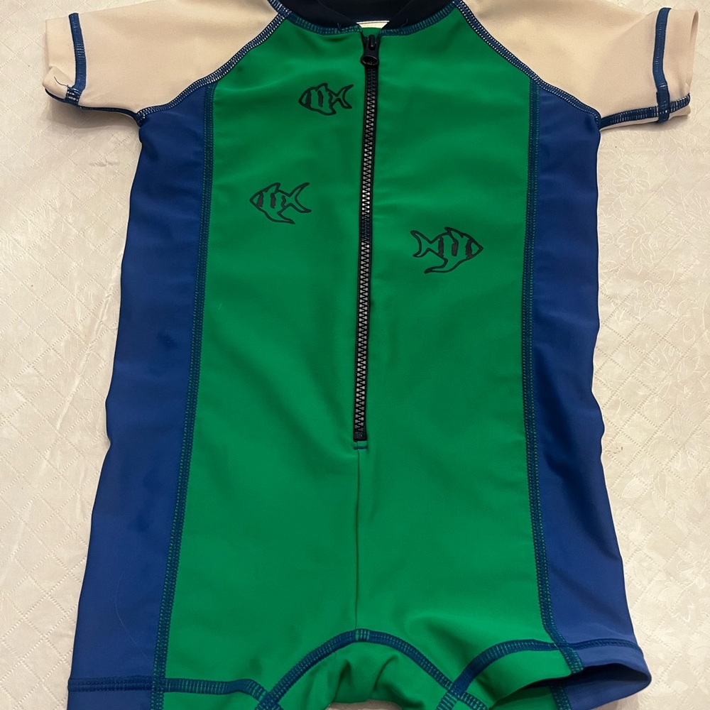 Hanna Andersson Green, Blue & Cream Short-Sleeve Front-Zip Rashguard